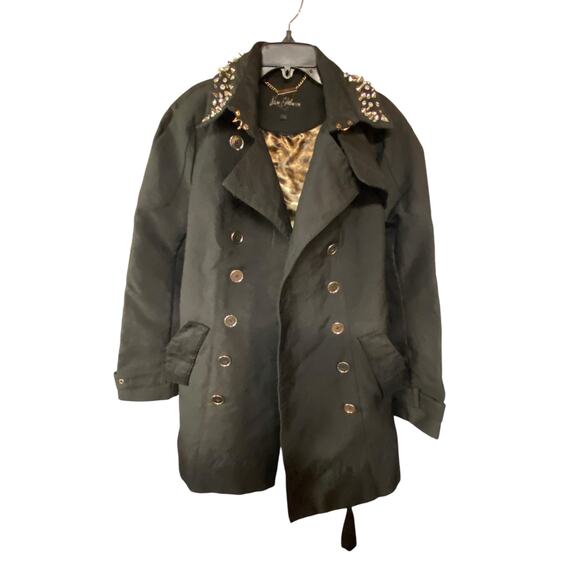 Sam Edelman Size M Double Breasted Trench Coat Black Embellished Studded Edgy - Picture 5 of 9